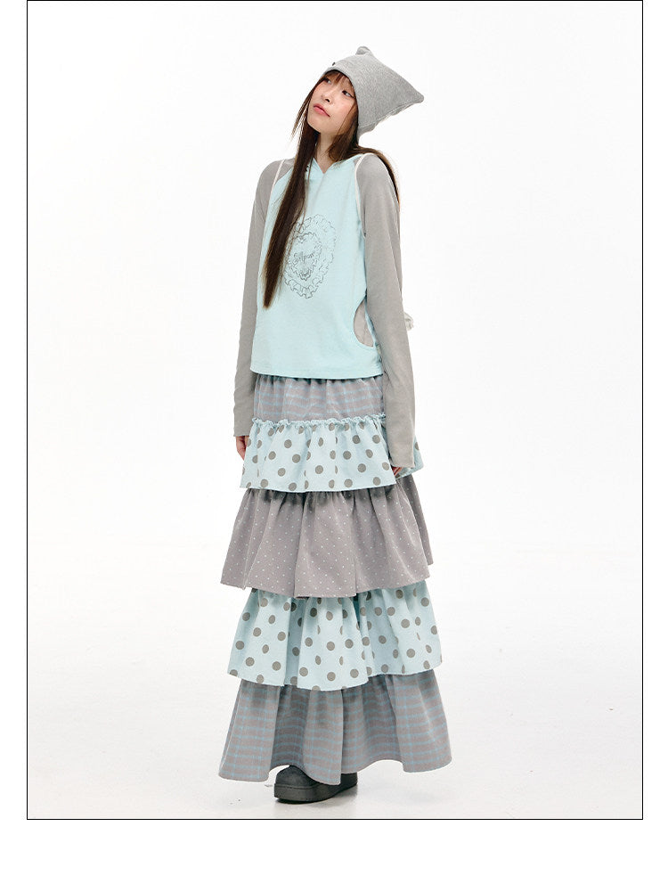 Gray-Blue Polka Dot Tiered Maxi Skirt