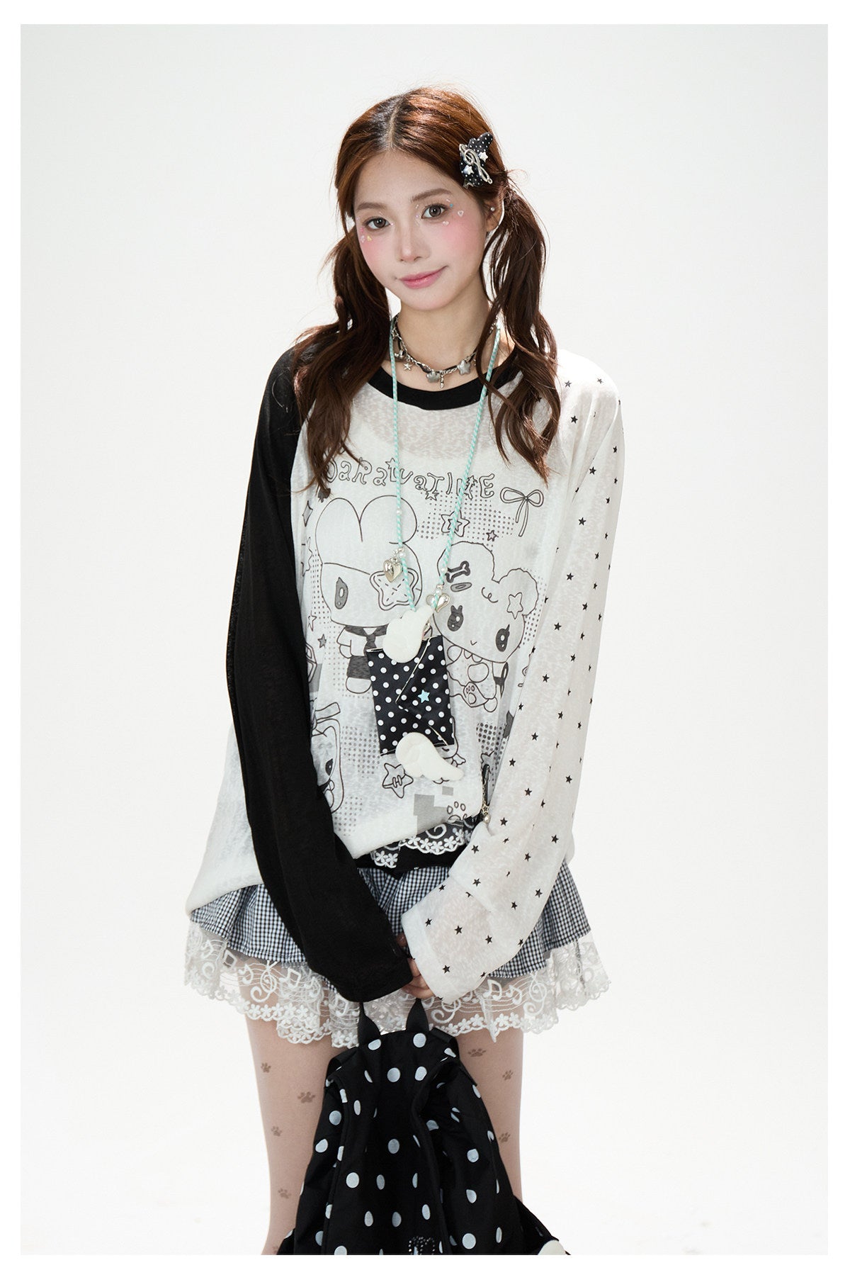 Cartoon Star Sheer Long Sleeve Top & Black Music Lace Gingham Mini Skirt