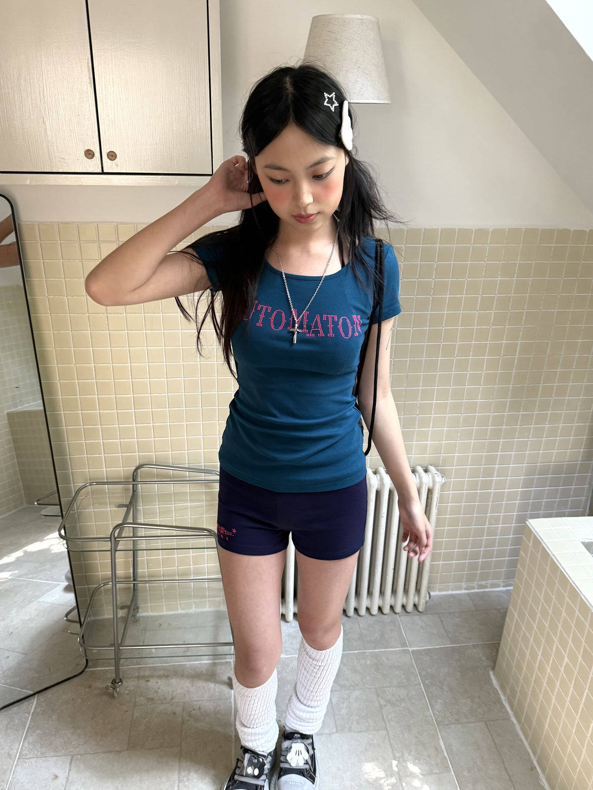 Dark Navy Rhinestone Letter Fitted Baby Tee