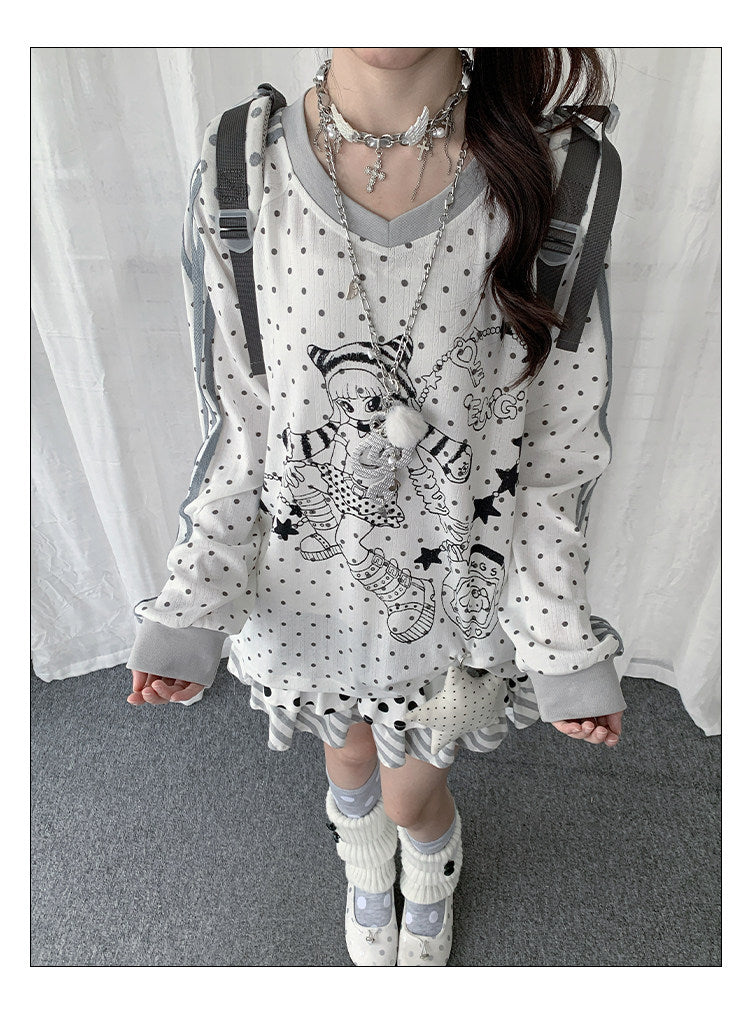 Polka Dot Star Girl V-Neck Long-Sleeve Tee