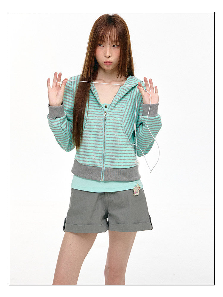 Mint Stripe Devil-Horn Zip-Up Hoodie