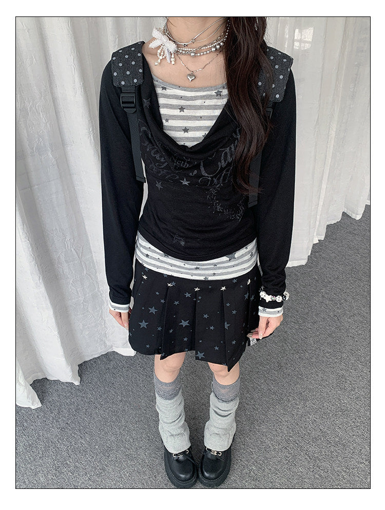 Star Stripe Cowl-Neck Faux-Layer Long Sleeve Top
