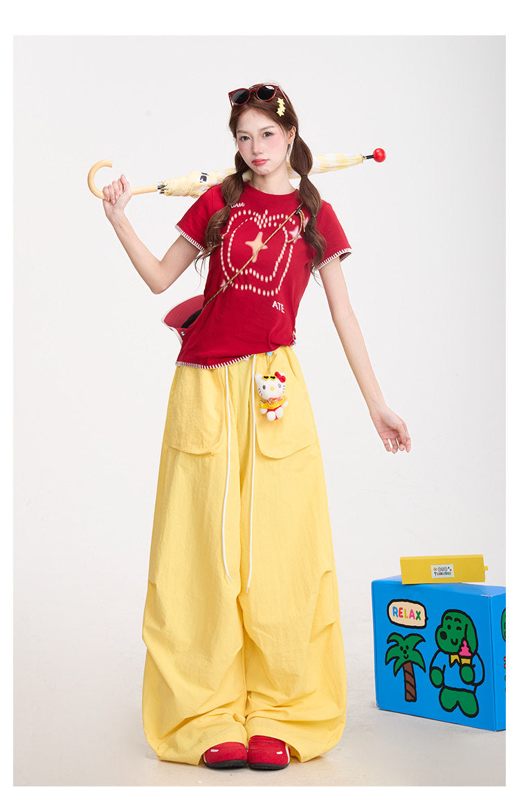 Red Star Baby Tee & Yellow Wide-Leg Pants