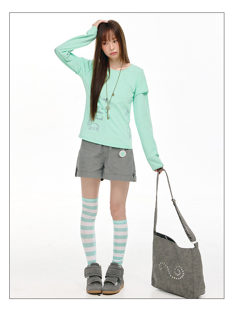 Mint Haze Faux-Layer Graphic Long Sleeve Top