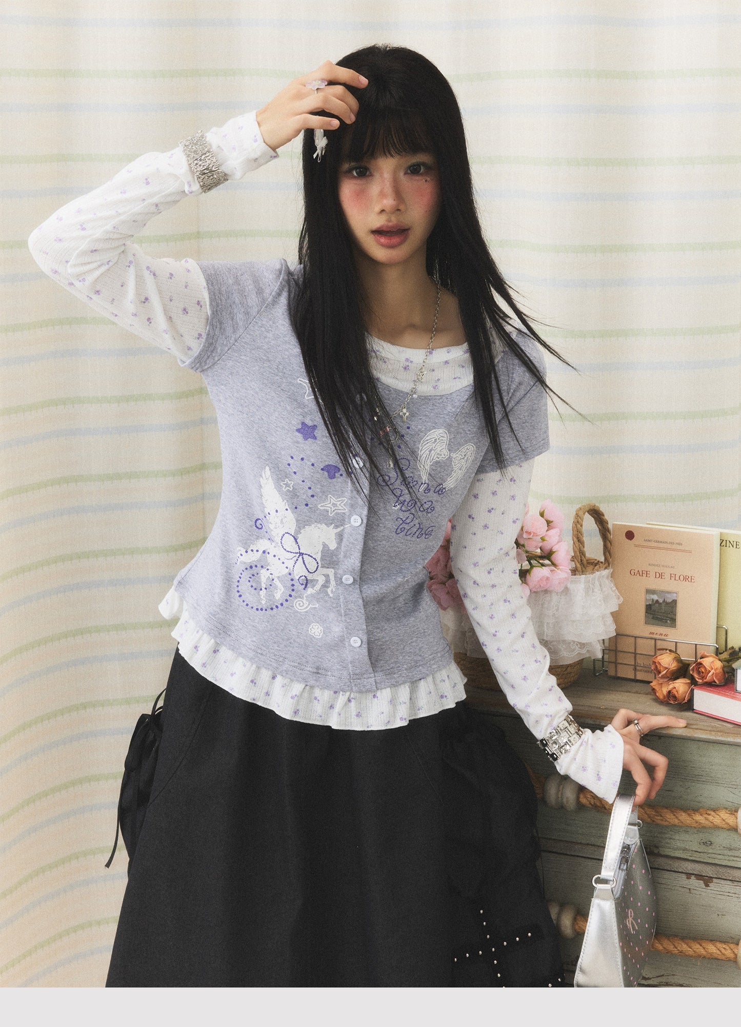 Lavender Wing Floral Faux-Layer Long-Sleeve Tee
