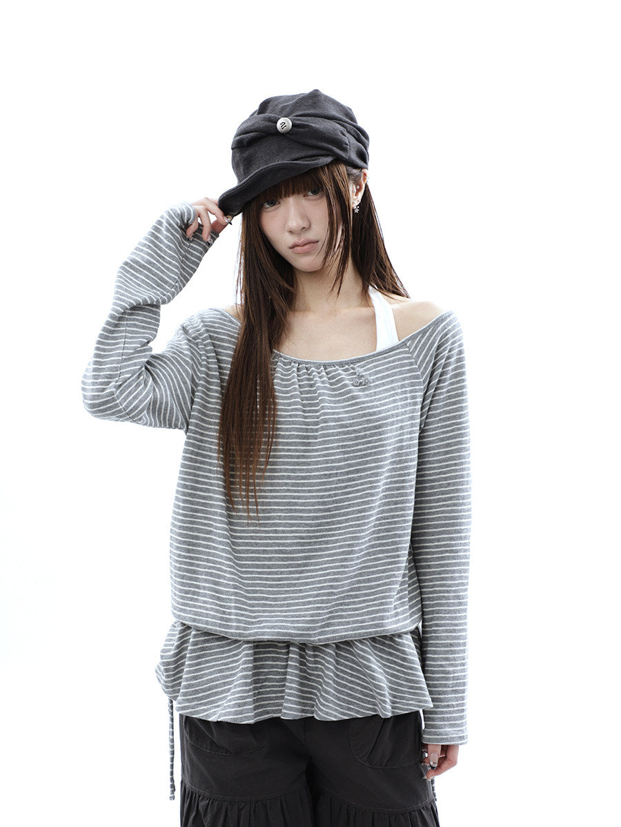 Striped Off-Shoulder Ruffle Layered Long Sleeve Top