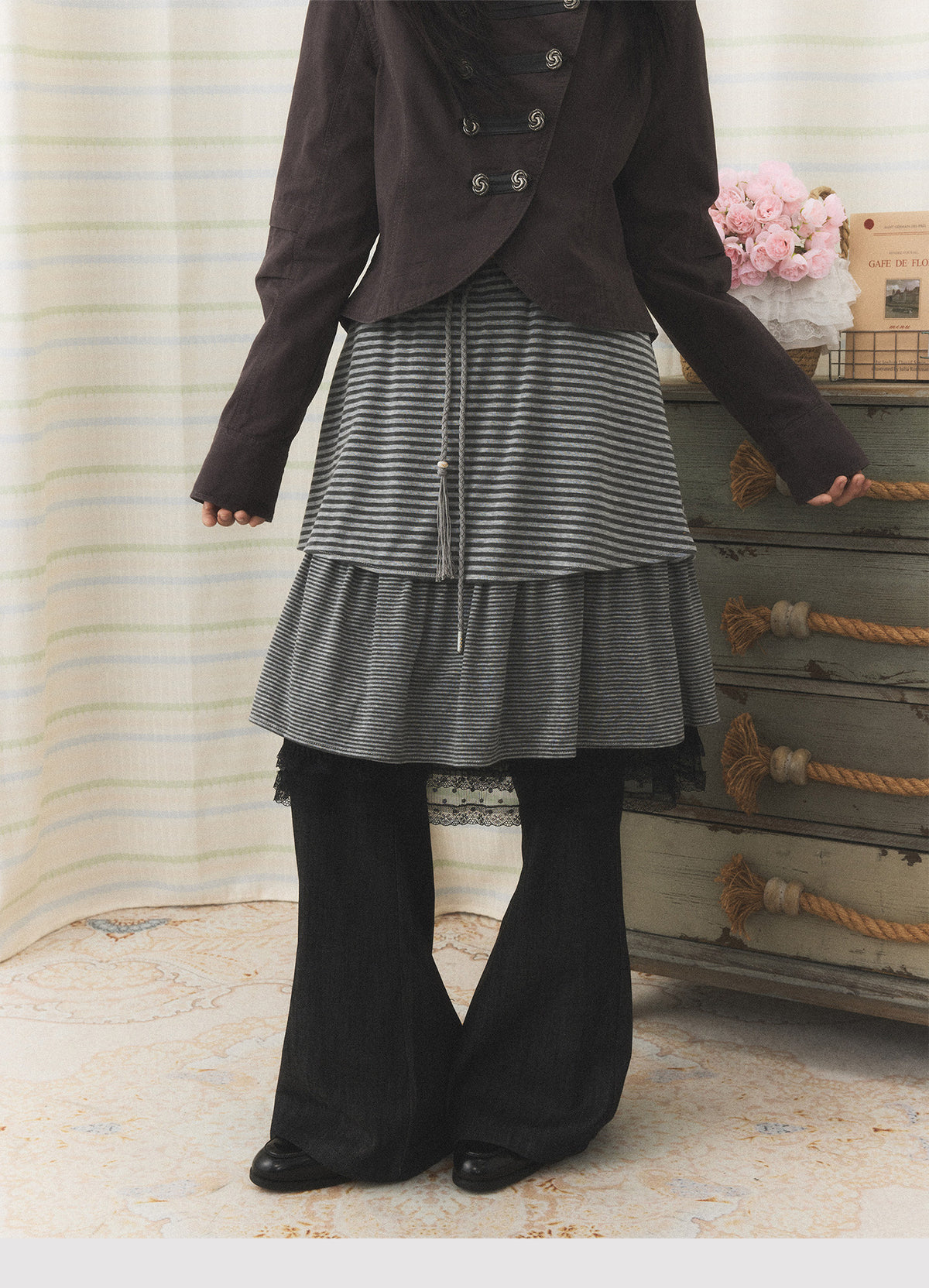 Striped Layered Skirt Wide-Leg Pants