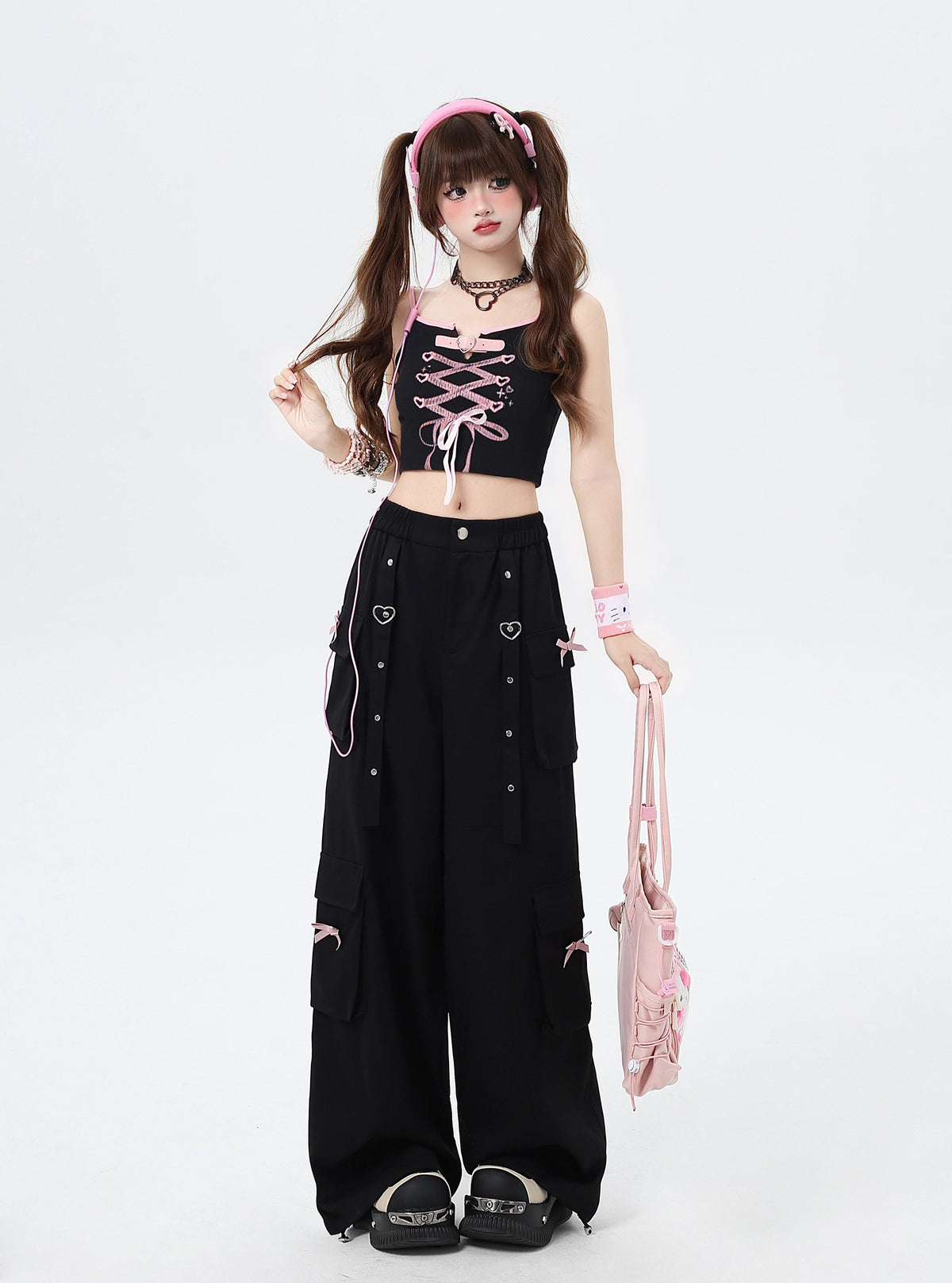 Heart Bow Pocket Wide-Leg Cargo Pants