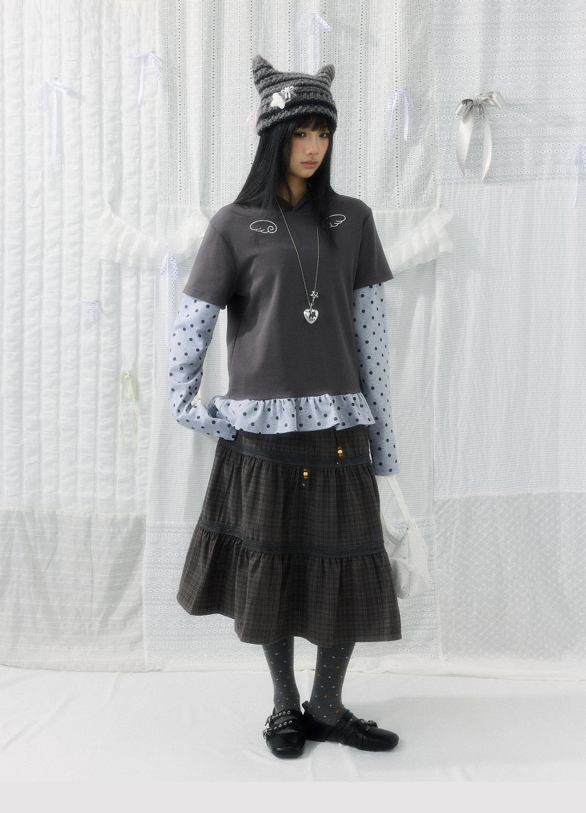 Angel Wing Polka-Dot Layered Hooded Long Sleeve Top