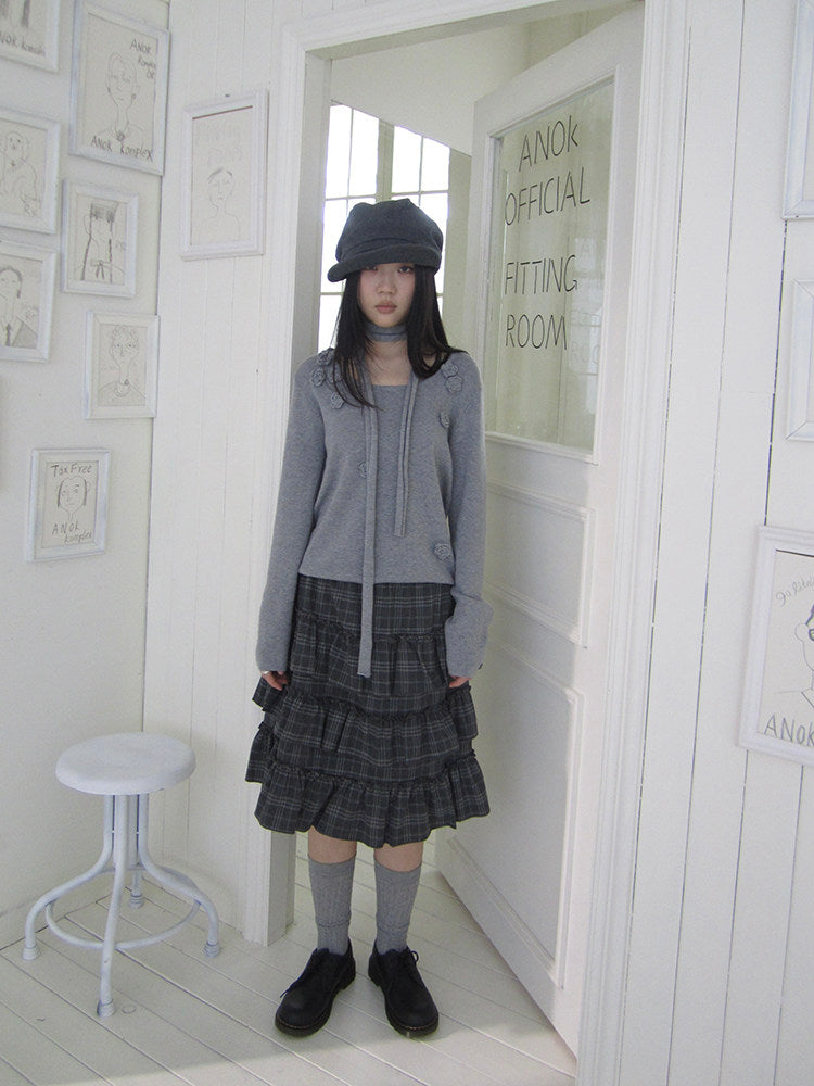 Vintage Gray Plaid Tiered Ruffle Skirt