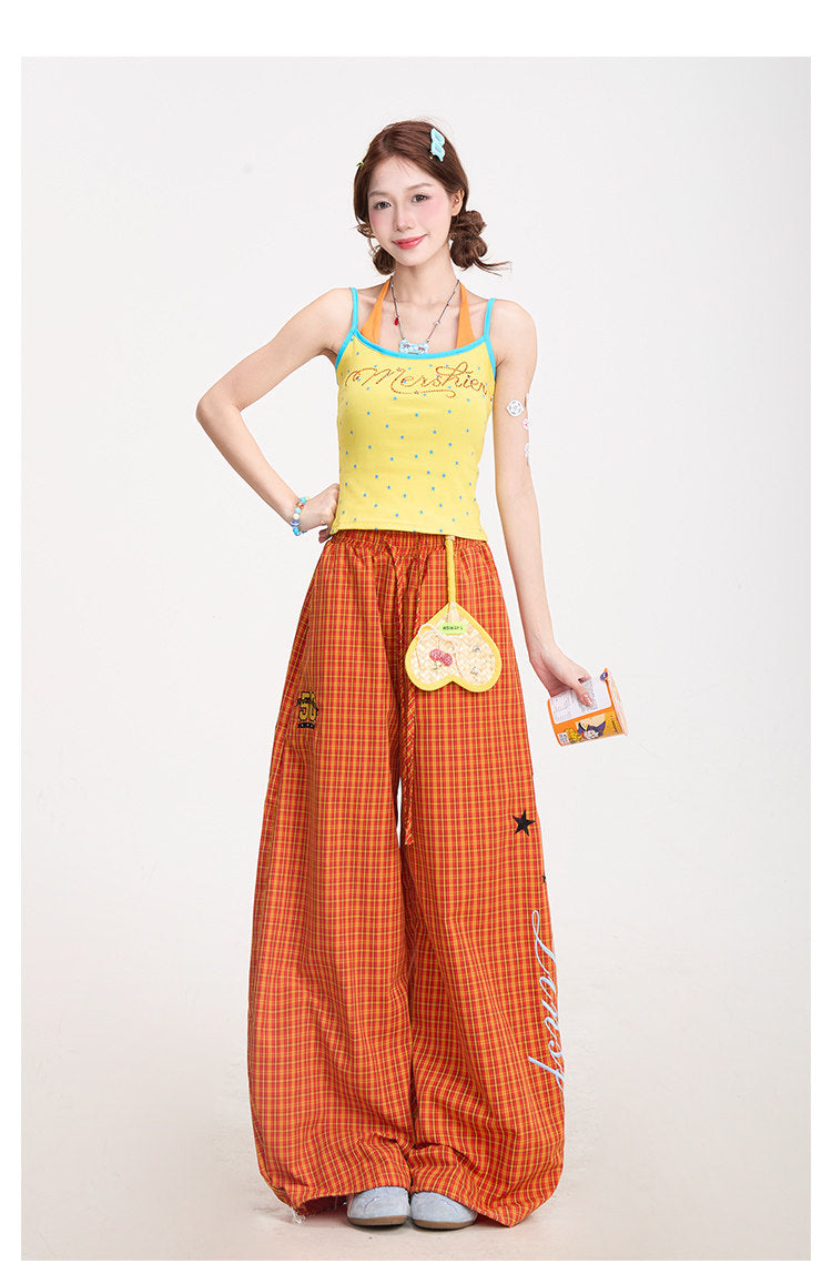 Starry Rhinestone Halter Cami & Plaid Wide-Leg Pants