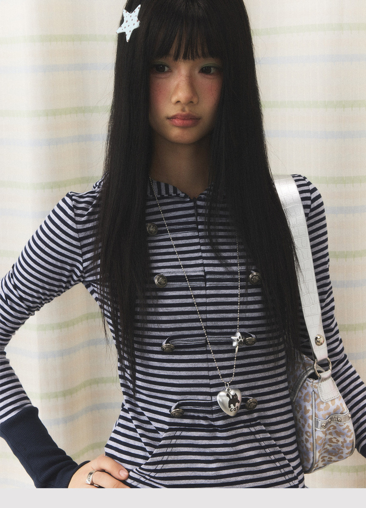 Navy Striped Military Button Hooded Top