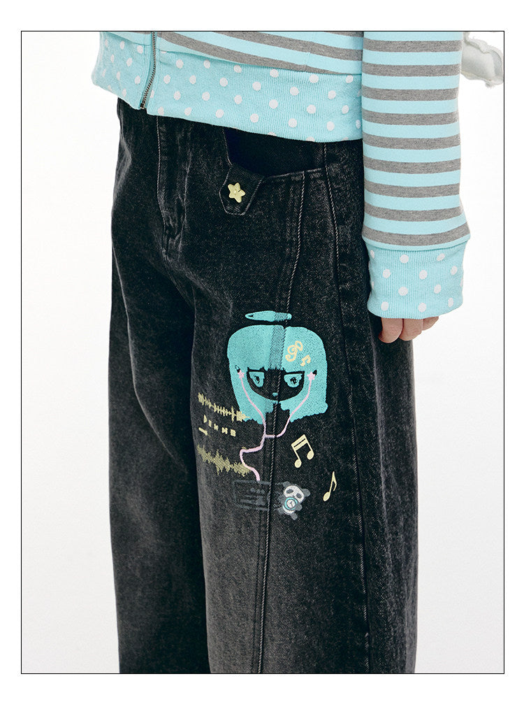 Washed Black Cartoon Music Note Barrel-Leg Jeans
