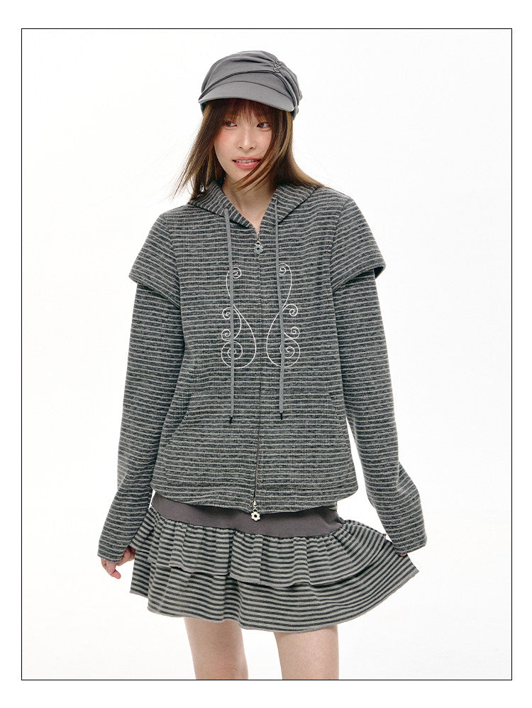 Charcoal Stripe Music Note Faux-Layer Zip Hoodie