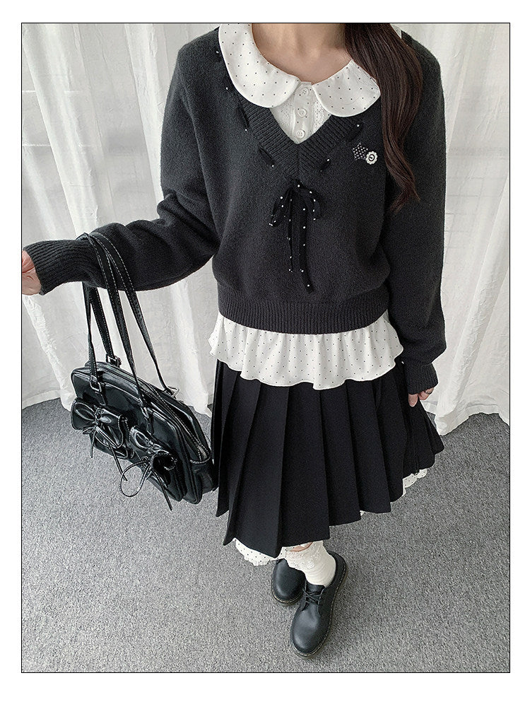 Black Bow Knit Sweater & Polka Dot Peter Pan Collar Two-Piece Set