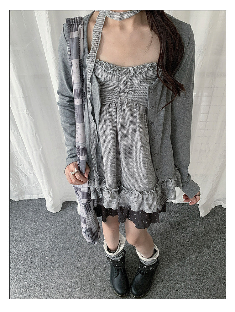 Ruffle Cami & Soft Cardigan Two-Piece Layered Top Set