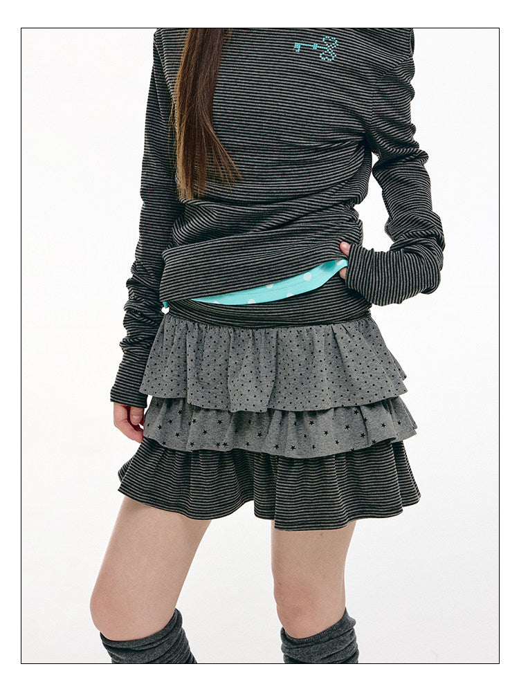 Charcoal Dot & Star Tiered Ruffle Mini Skirt