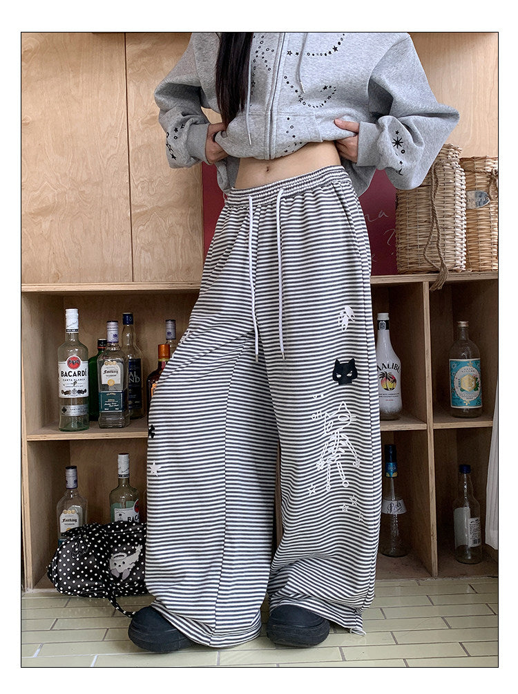 Cartoon Cat Stripe Drawstring Wide-Leg Sweatpants