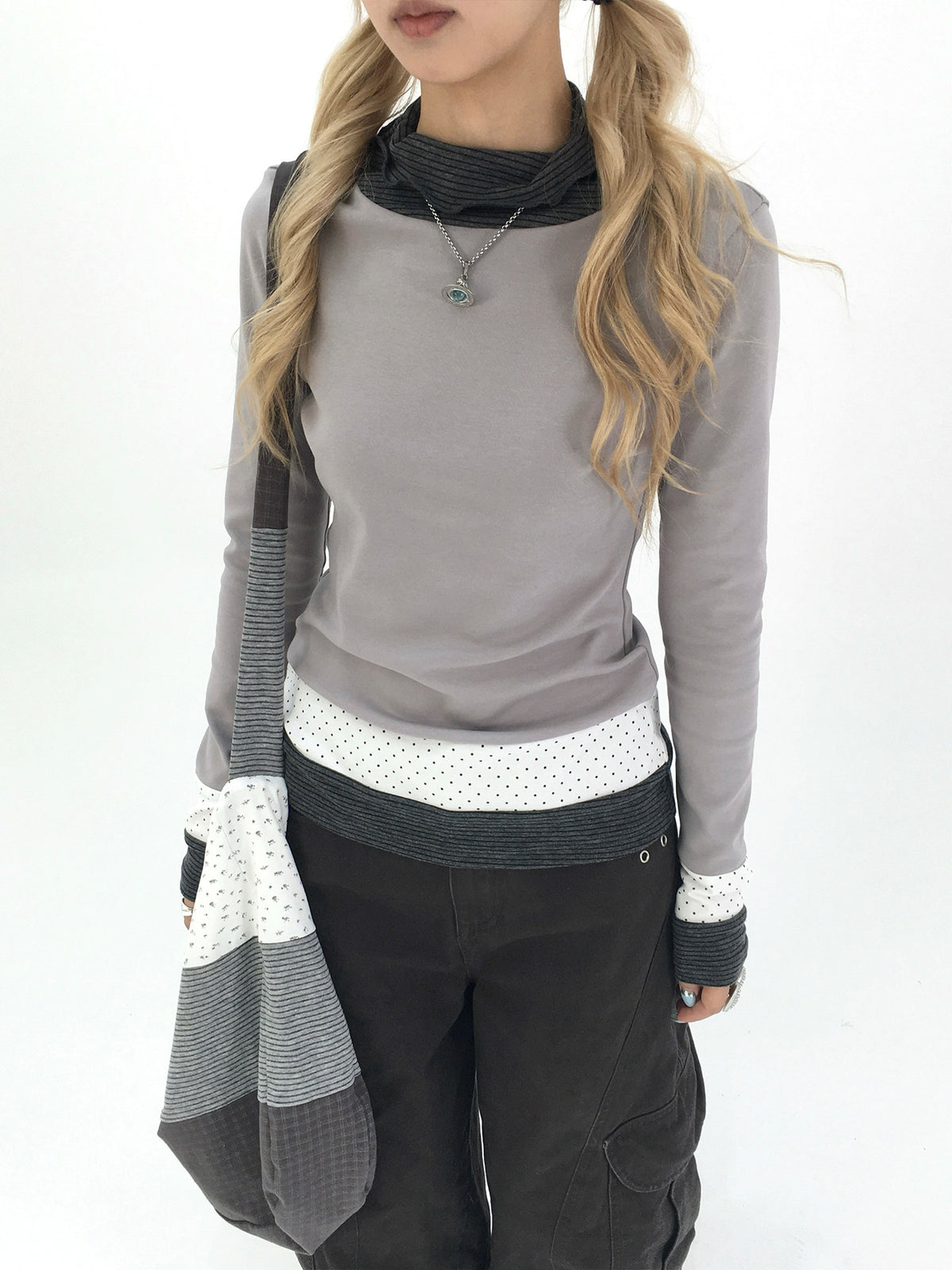 Mist Gray Polka Dot & Stripe Faux-Layer Long Sleeve Top