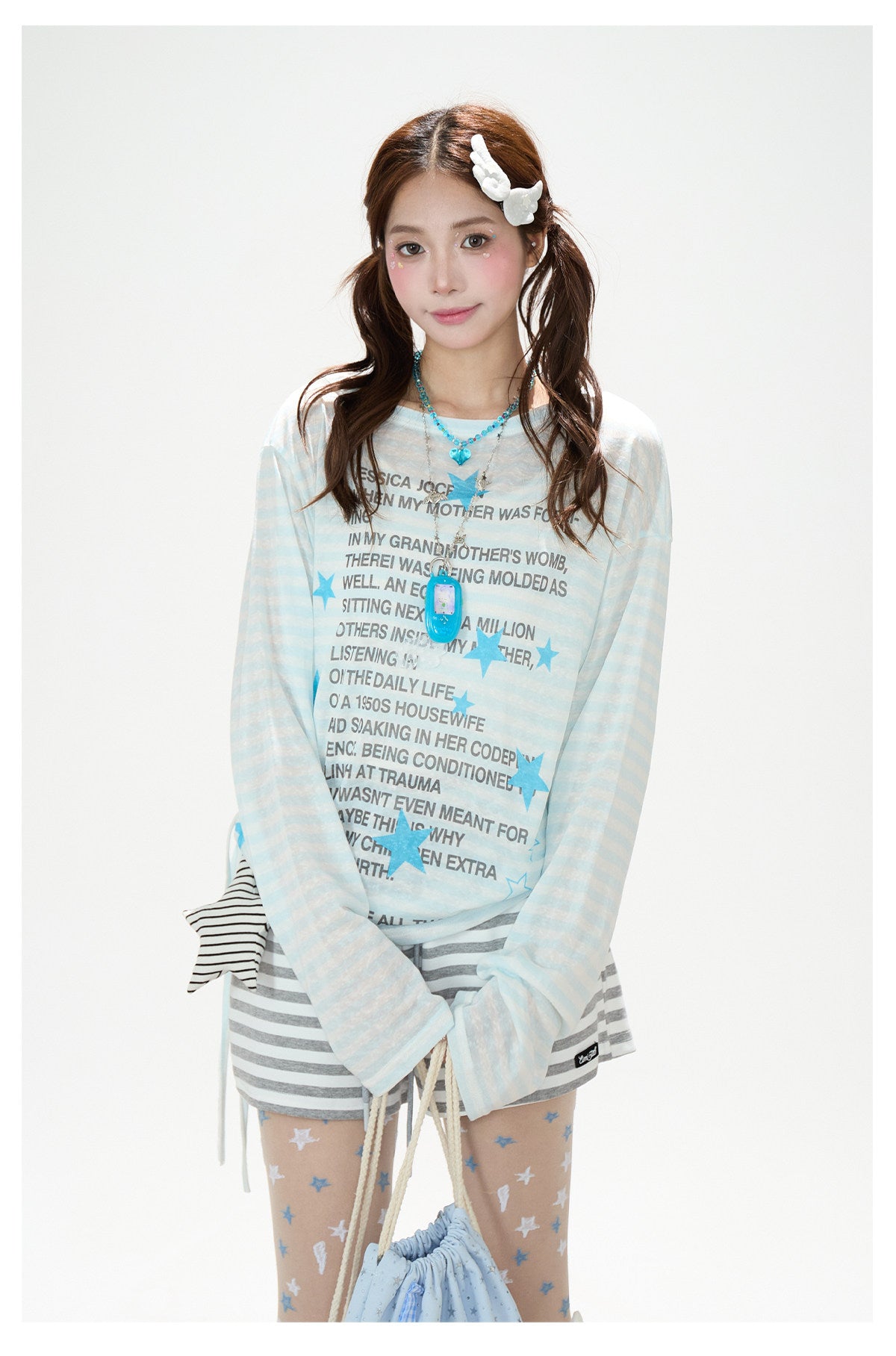 Star Stripe Sheer Long Sleeve Top & Gray Striped Drawstring Shorts