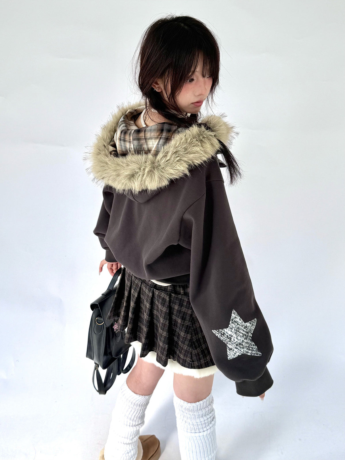Brown Plaid Fuzzy-Trim Pleated Mini Skirt