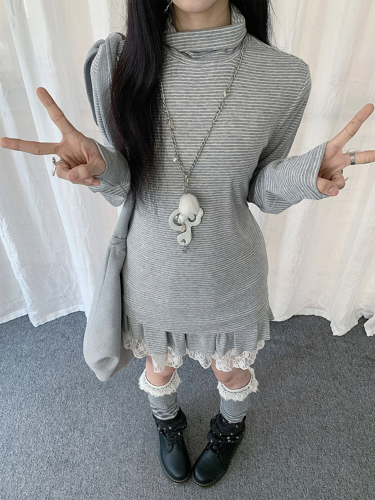 Fine Stripe Mock-Neck Long Sleeve Top