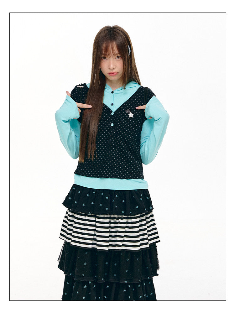 Polka Dot Faux-Layer Hooded Long Sleeve Top
