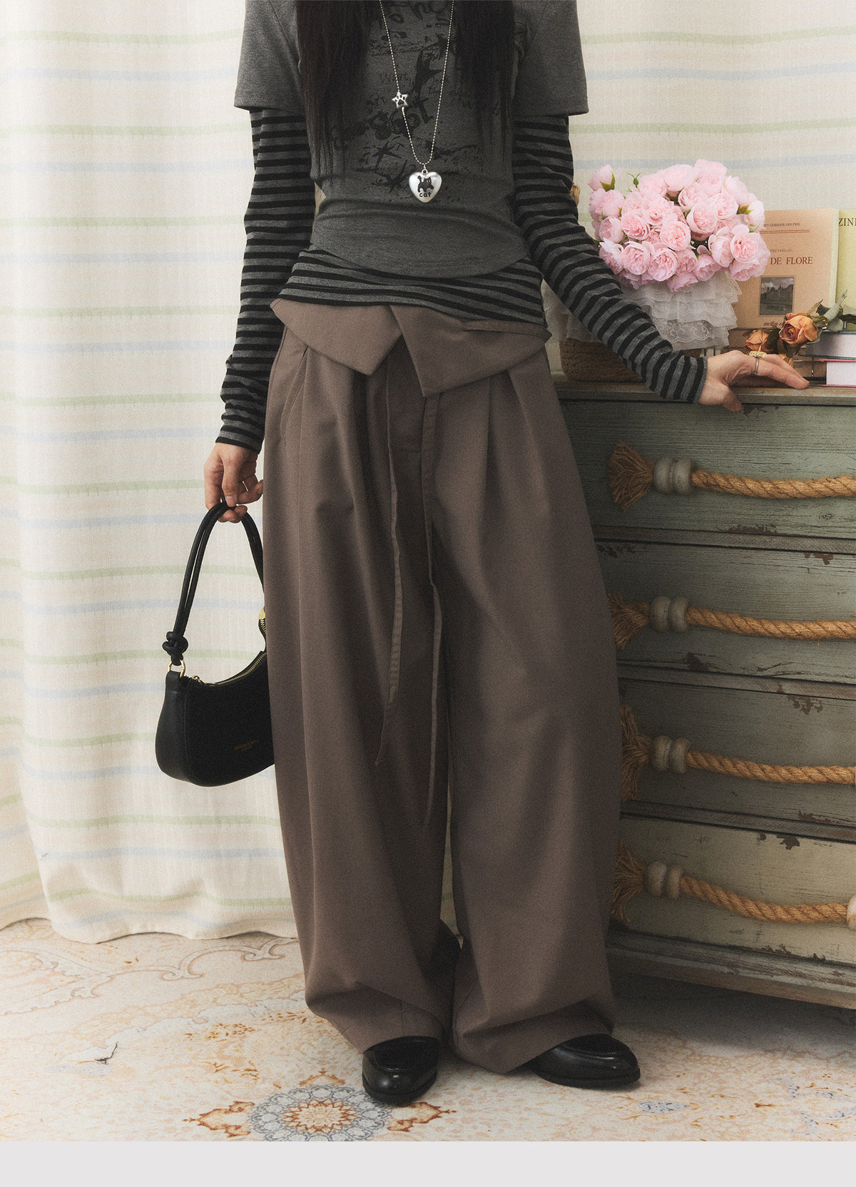 Foldover Tie Wide-Leg Trousers