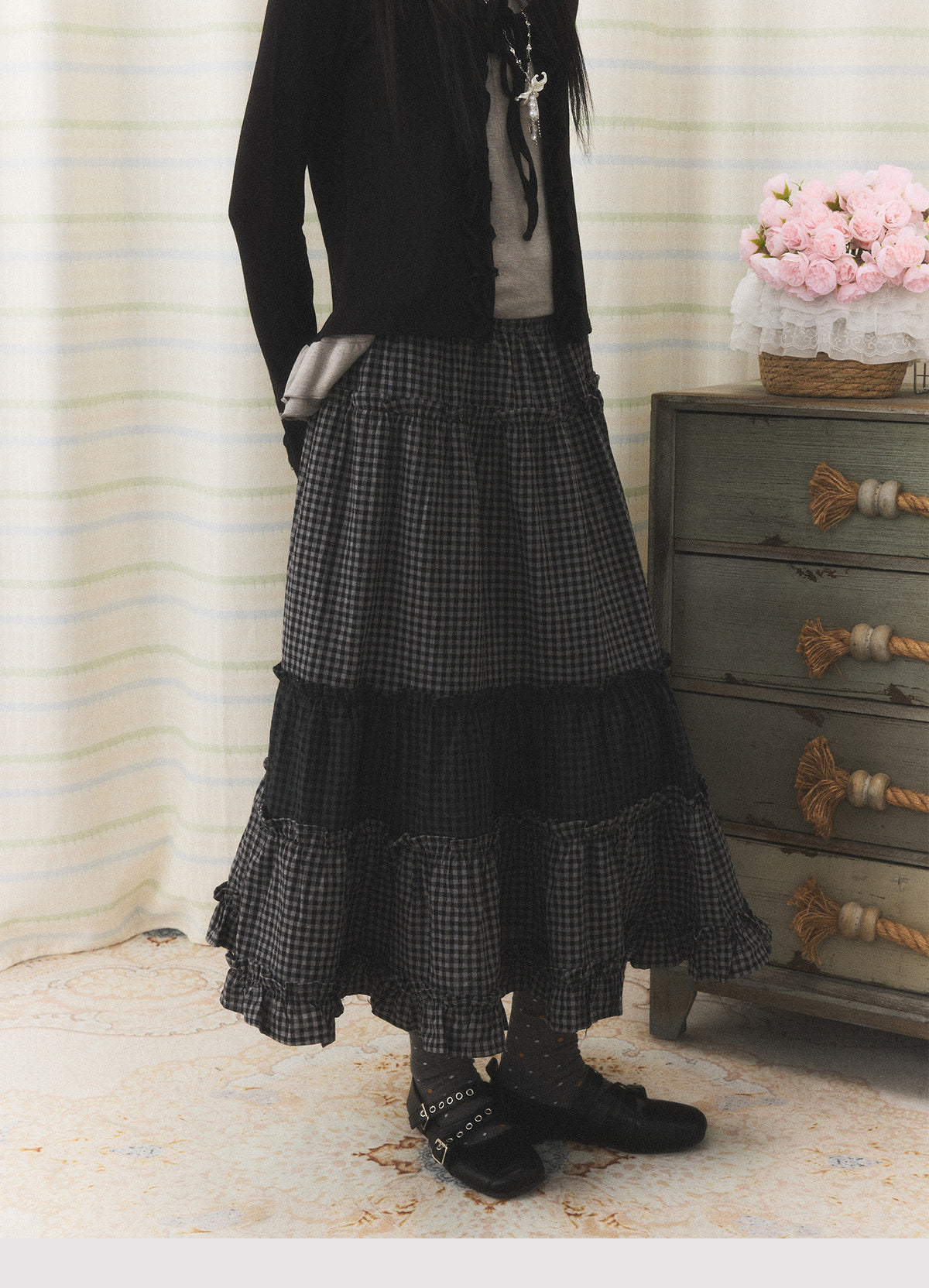 Mixed Plaid Tiered Ruffle Midi Skirt