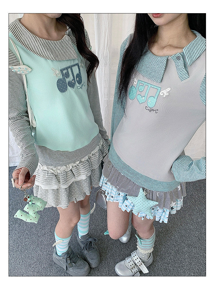 Music Note Embroidered Faux-Layered Long Sleeve Top