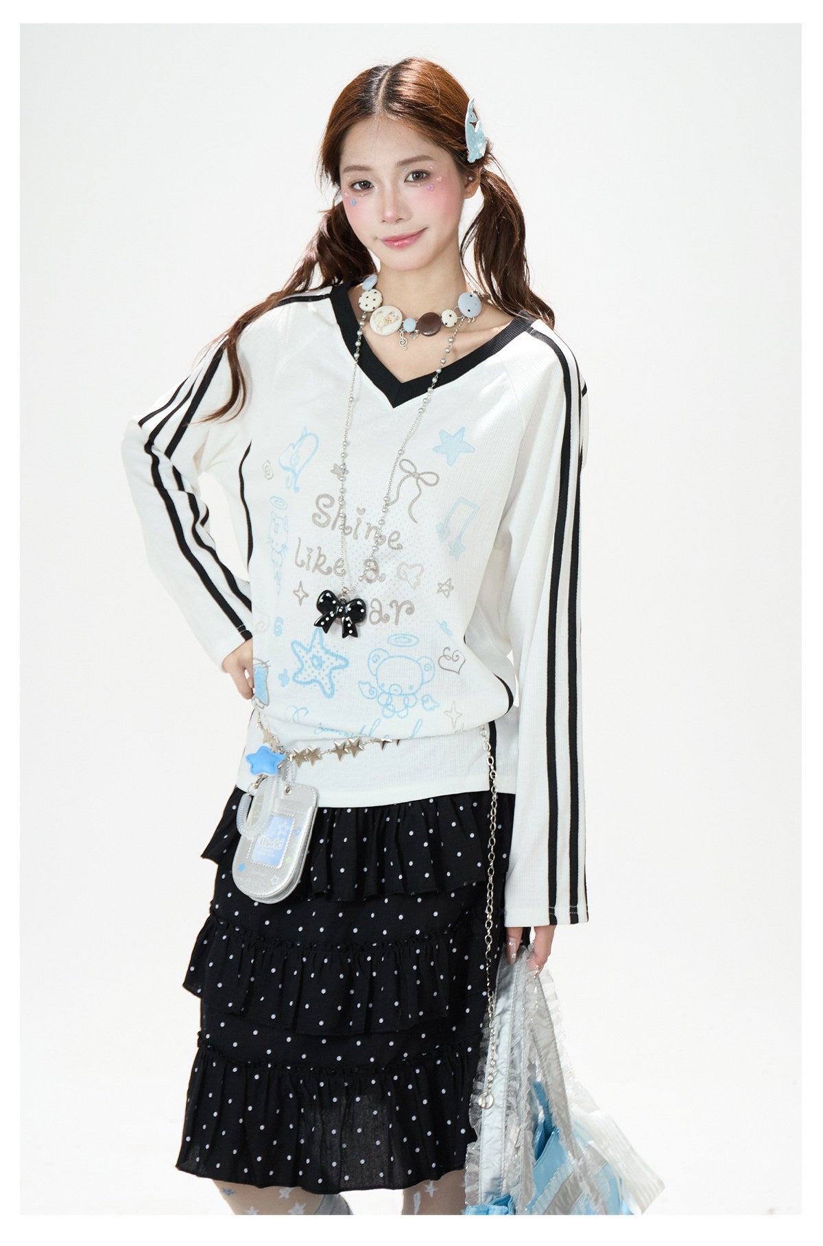 Dreamy Doodle V-Neck Long Sleeve Top & Polka Dot Tiered Ruffle Skirt