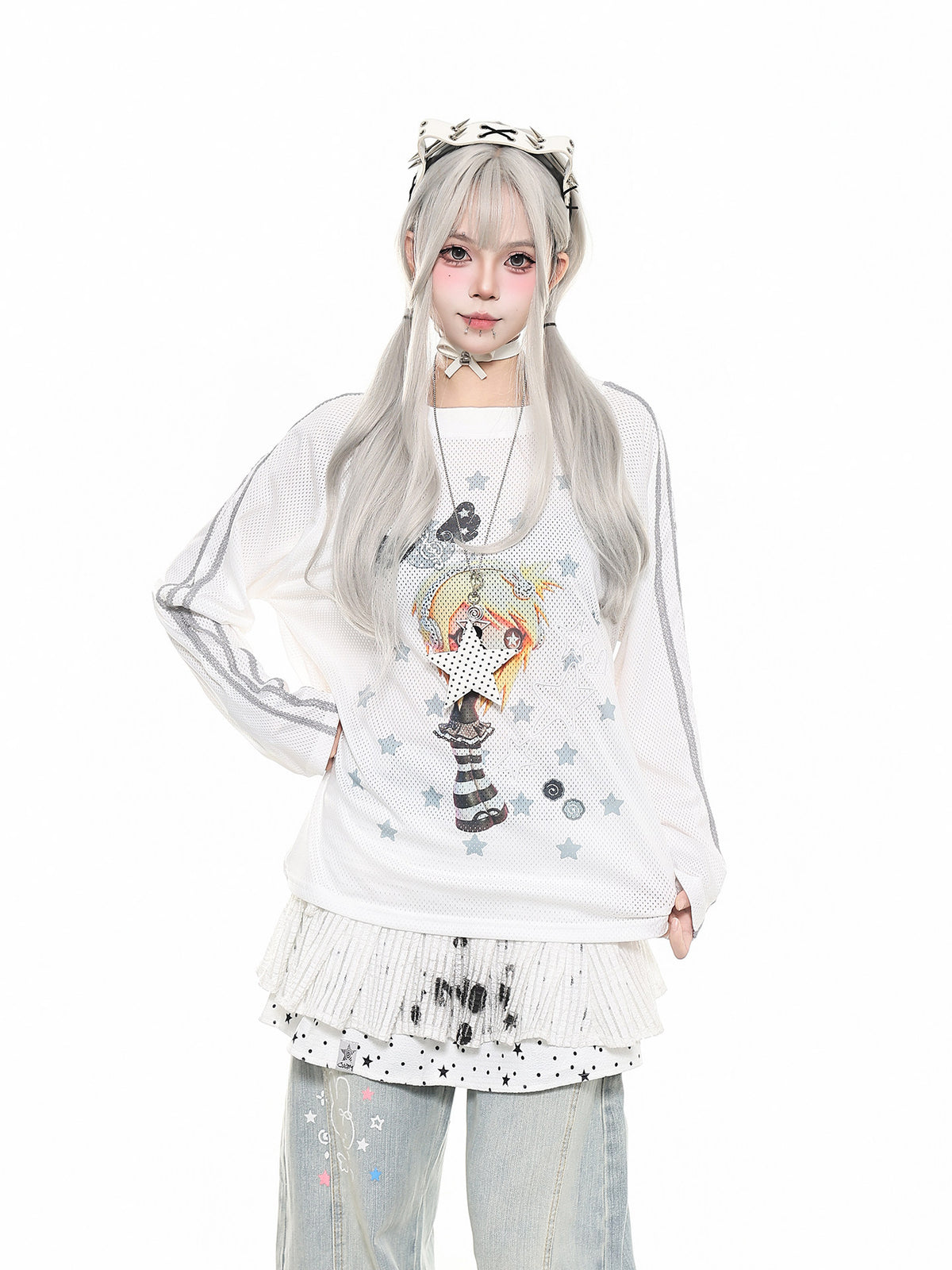 Star Stripe Mesh Long Sleeve Tee
