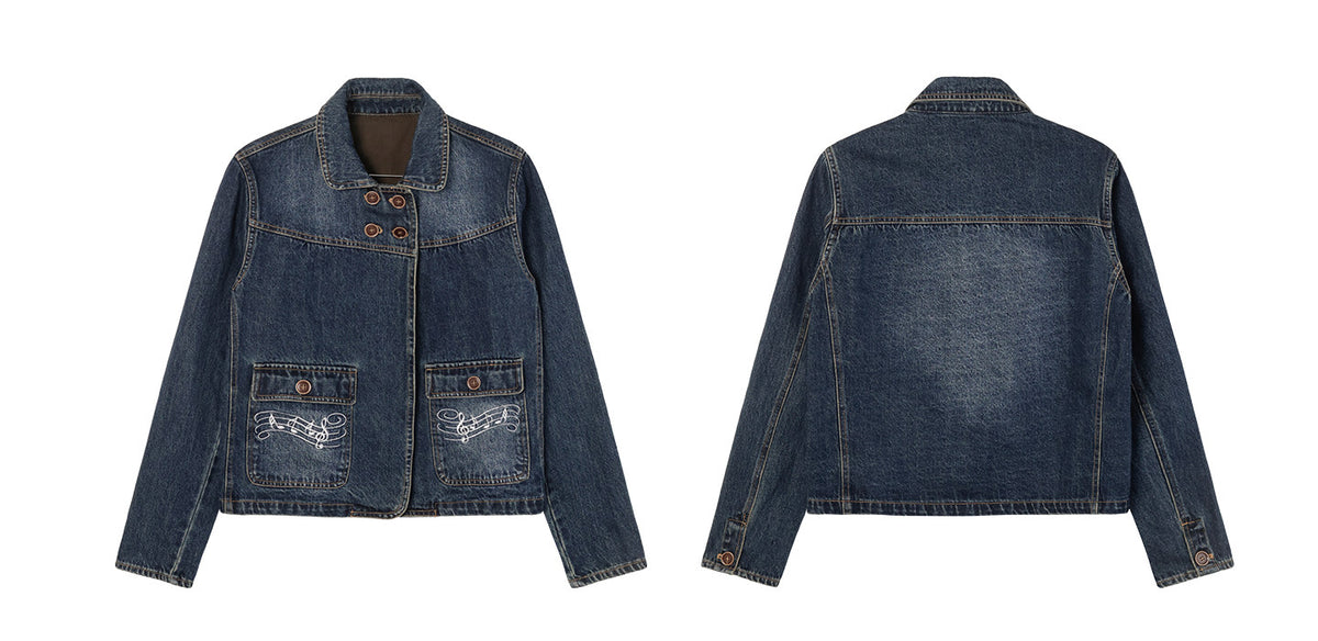 Washed Denim Music-Note Embroidered Jacket