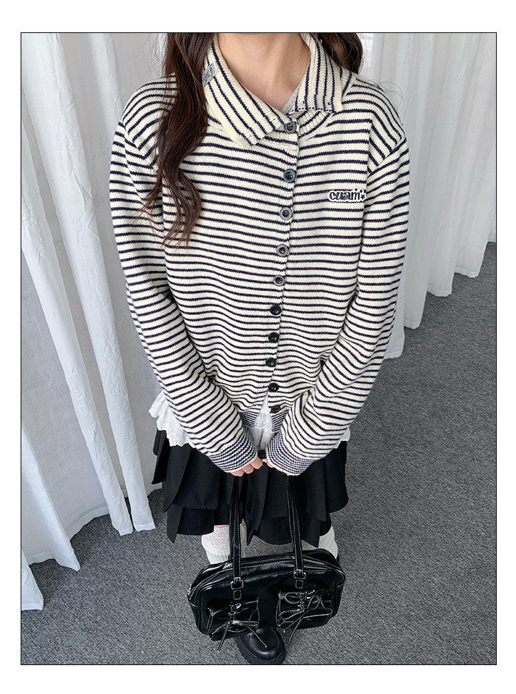 Striped Polo-Collar Knit Cardigan