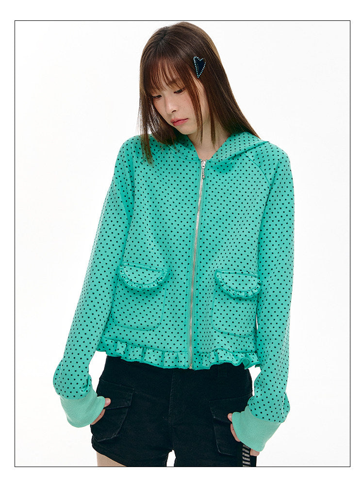 Mint Micro-Star Ruffle-Hem Zip-Up Hoodie