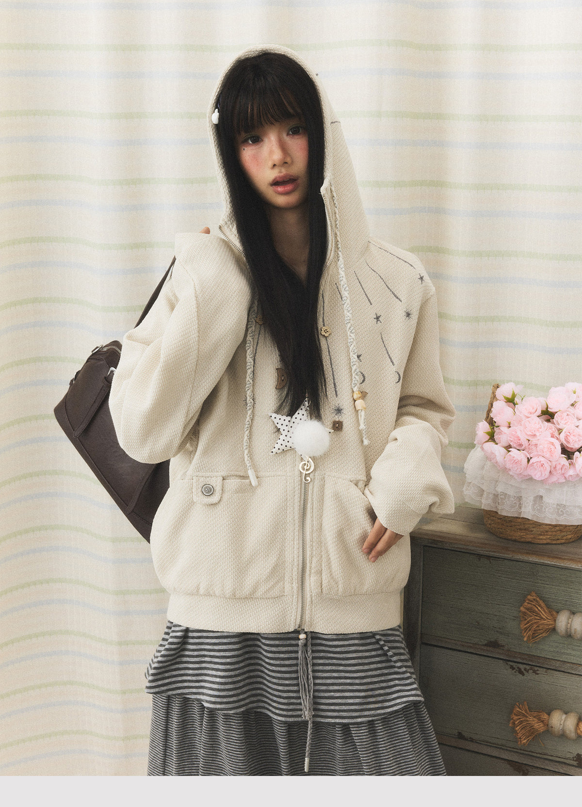 Star & Moon Embroidered Zip-Up Hoodie