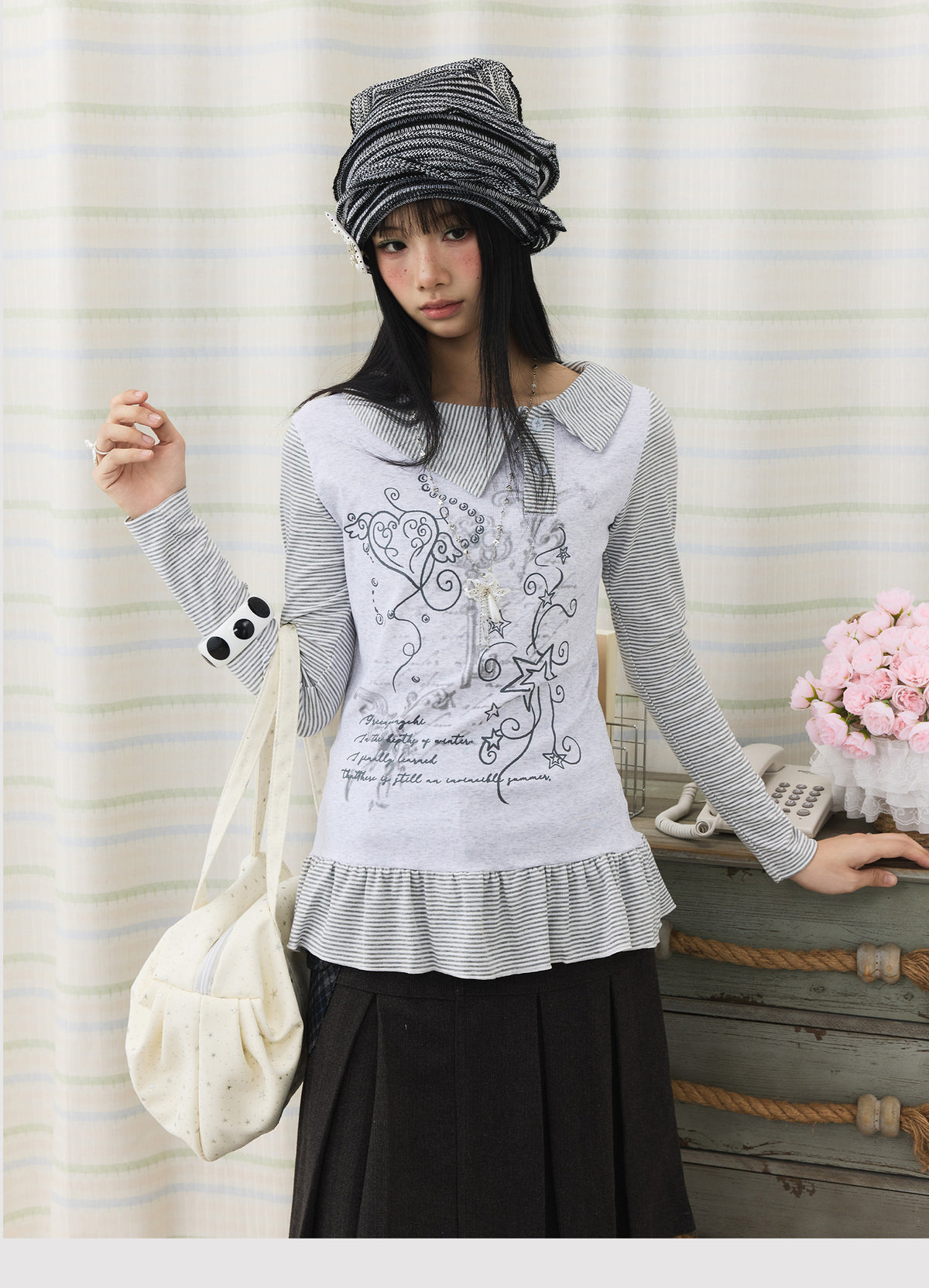Graphic Stripe Faux-Layer Ruffle-Hem Long Sleeve Top