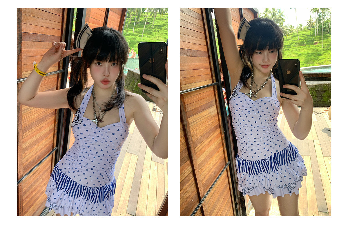 Nautical Diary Ruched Halter One-Piece Swimsuit