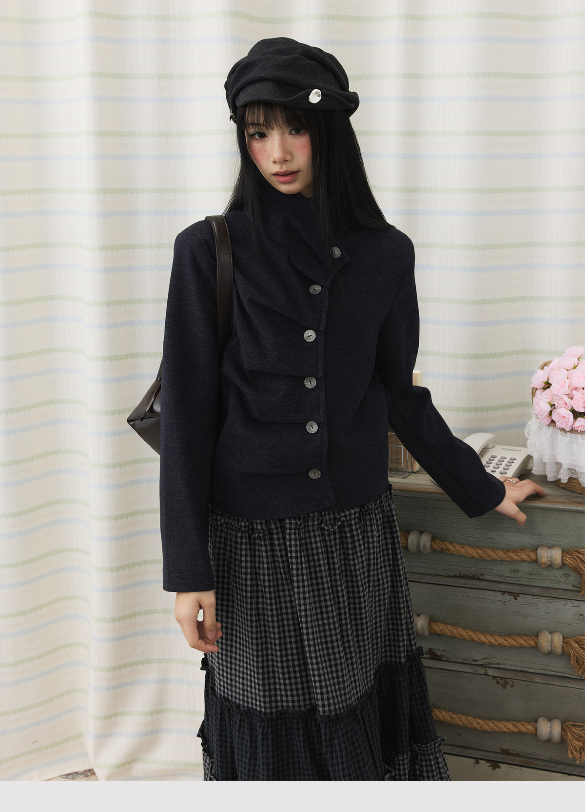 Asymmetric Pleated Collar Cropped Button Jacket