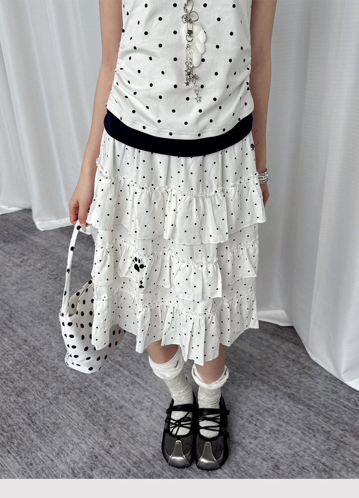 Paw Embroidered Polka Dot Tiered Midi Skirt