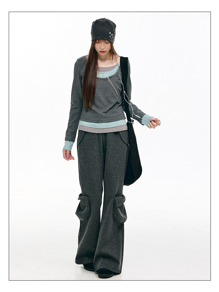 Diagonal Zip Faux-Layer Long Sleeve Top