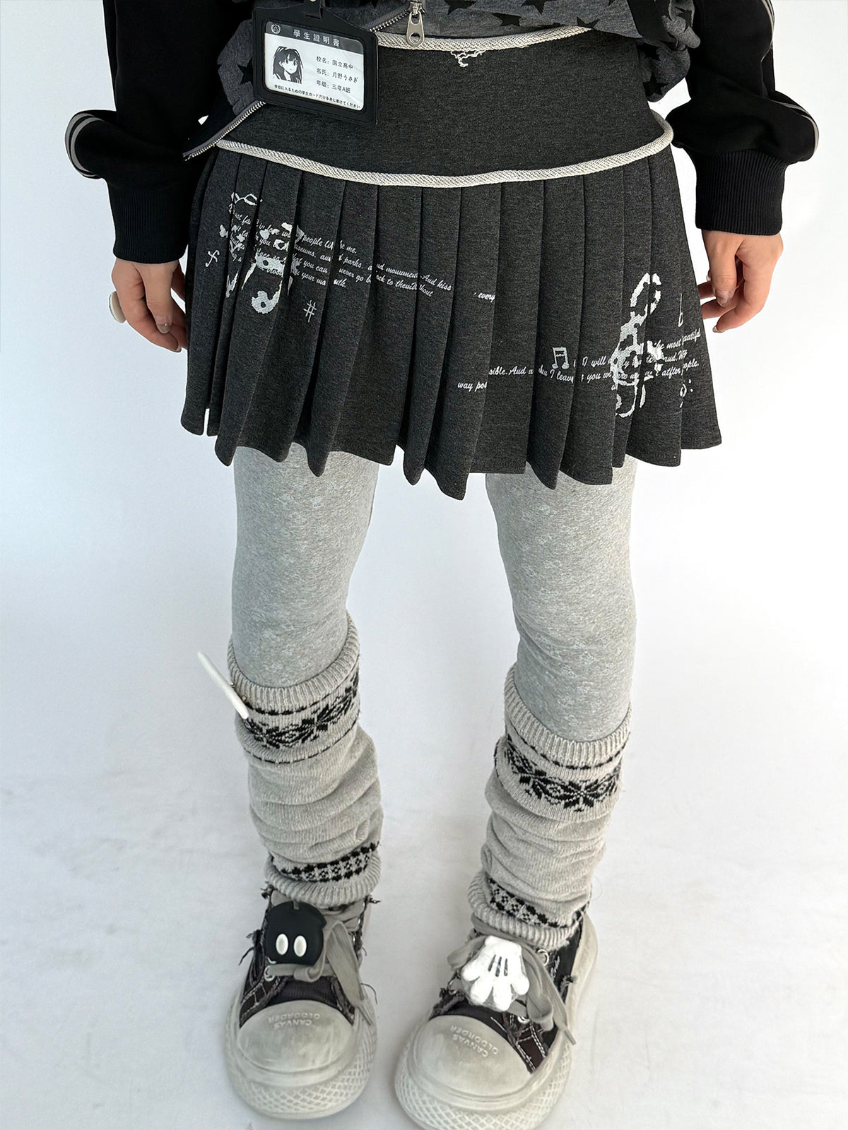 Music Note Rolled-Waist Pleated Mini Skirt
