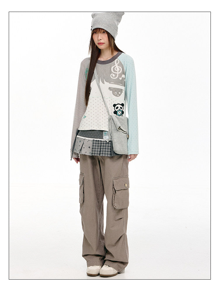 Mint Polka Dot Contrast-Sleeve Graphic Long Sleeve Top