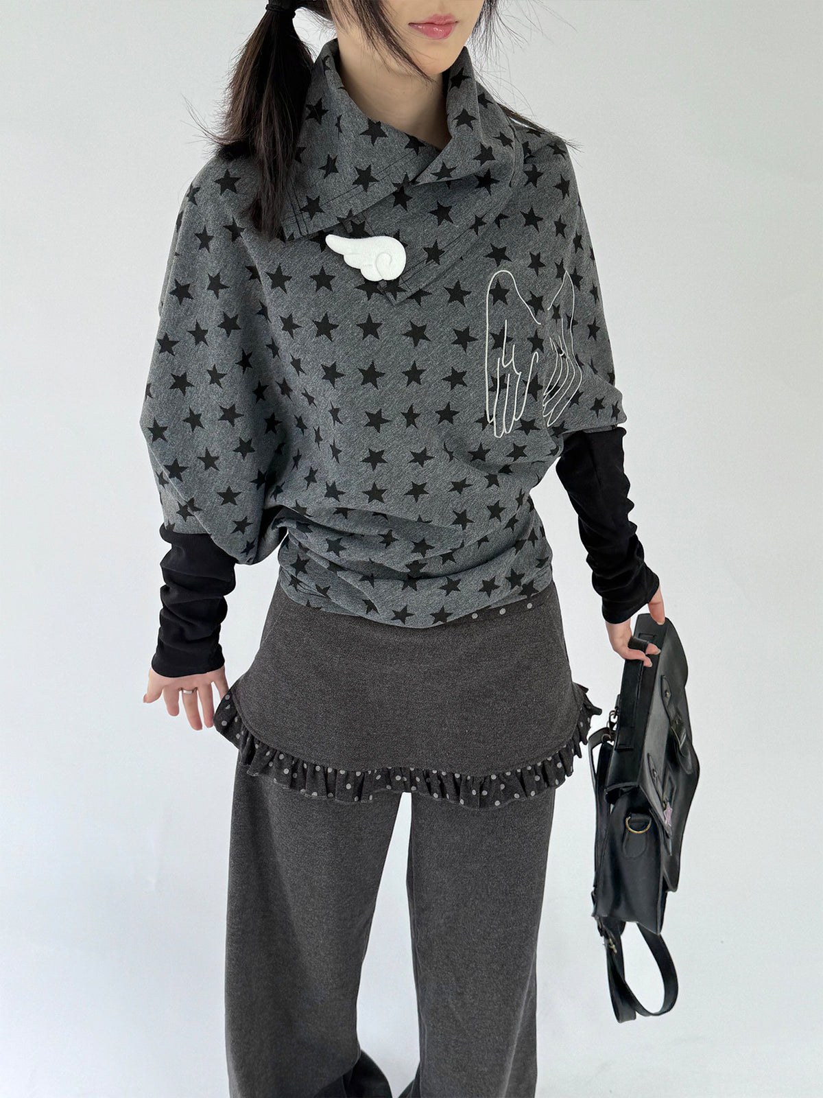 Asymmetric Star Drape Faux-Layer Long Sleeve Top