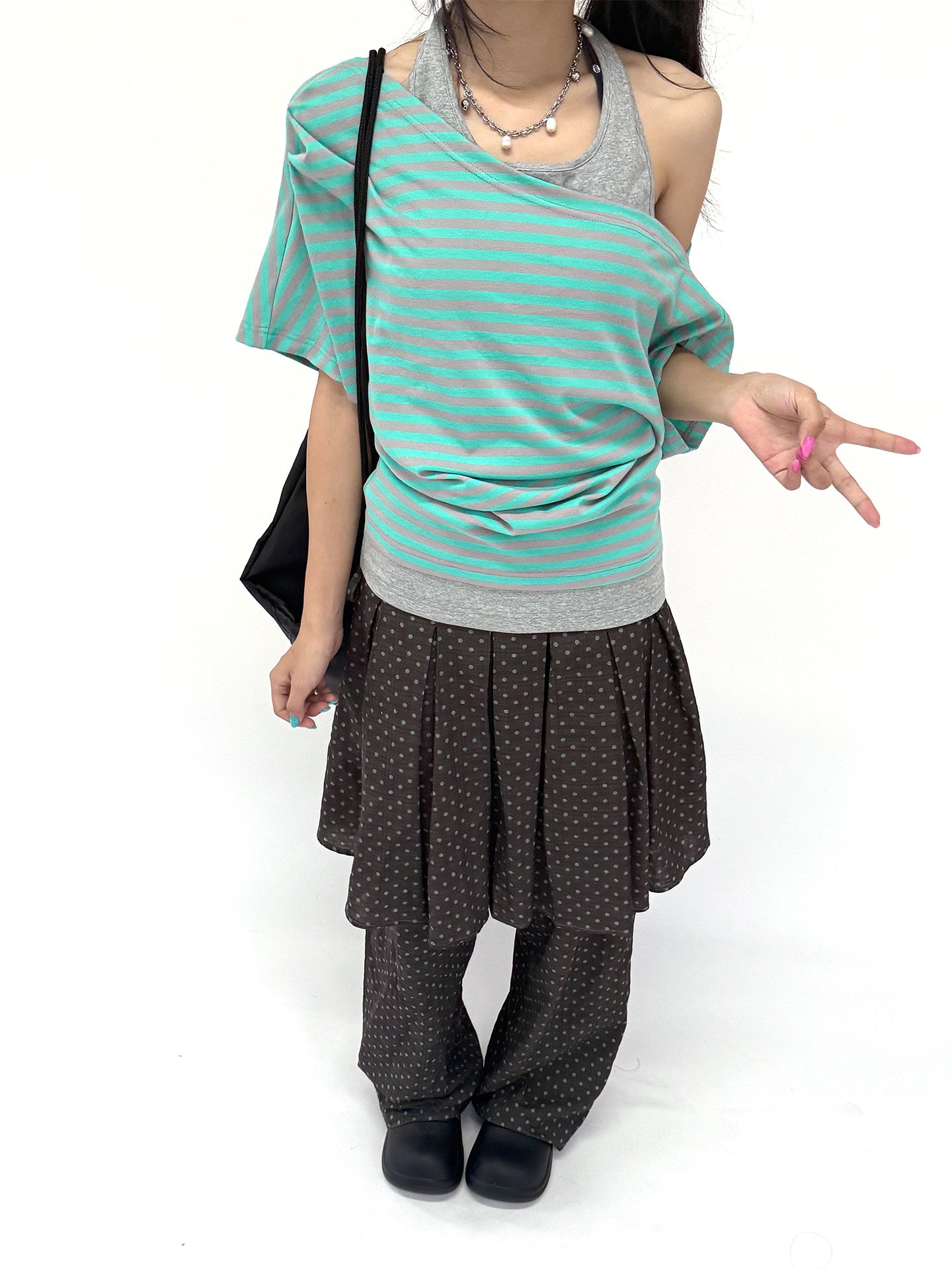 Mint Stripe Off-Shoulder Layered Halter Tee