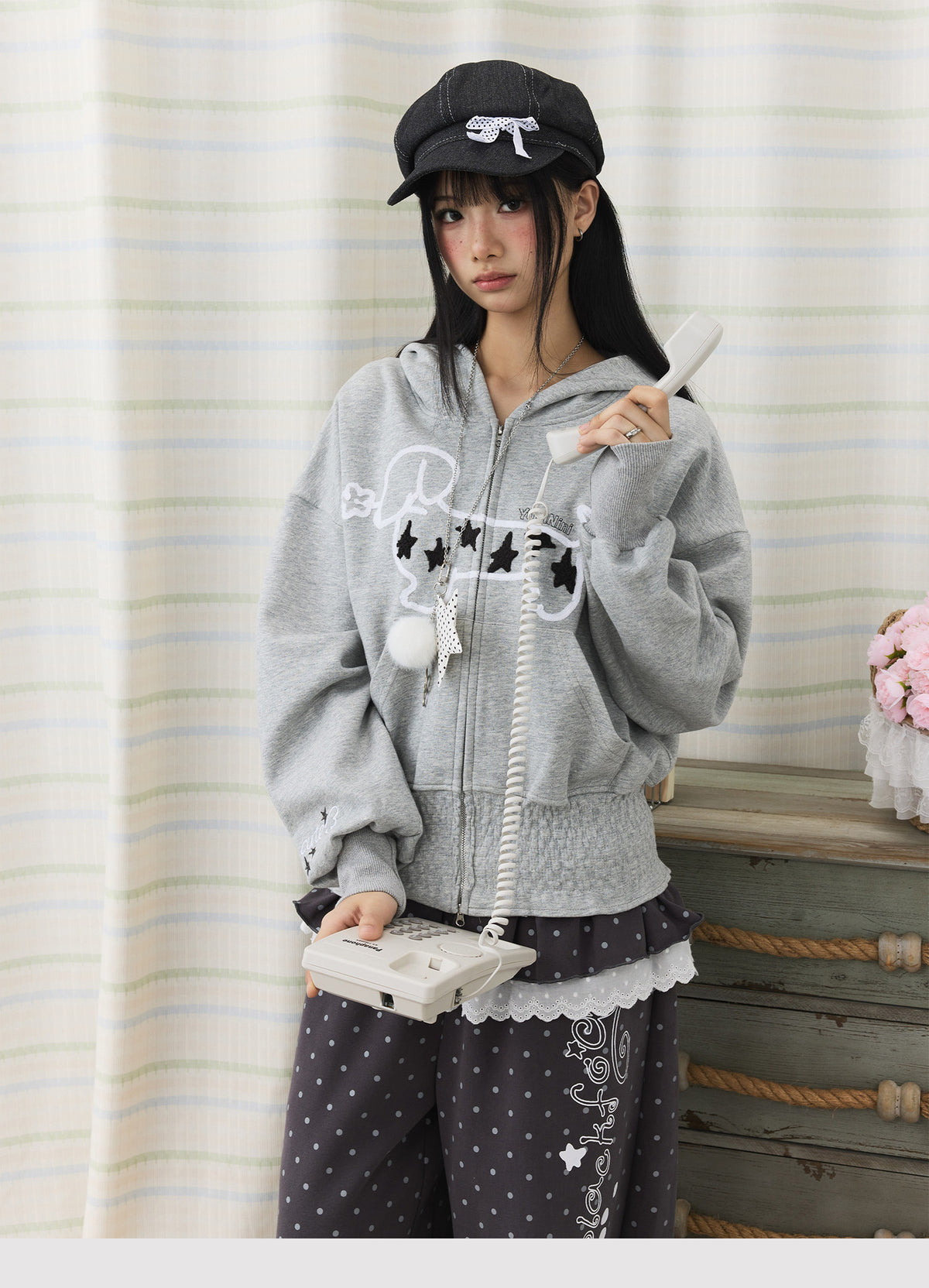 Star Puppy Smocked-Waist Zip-Up Hoodie