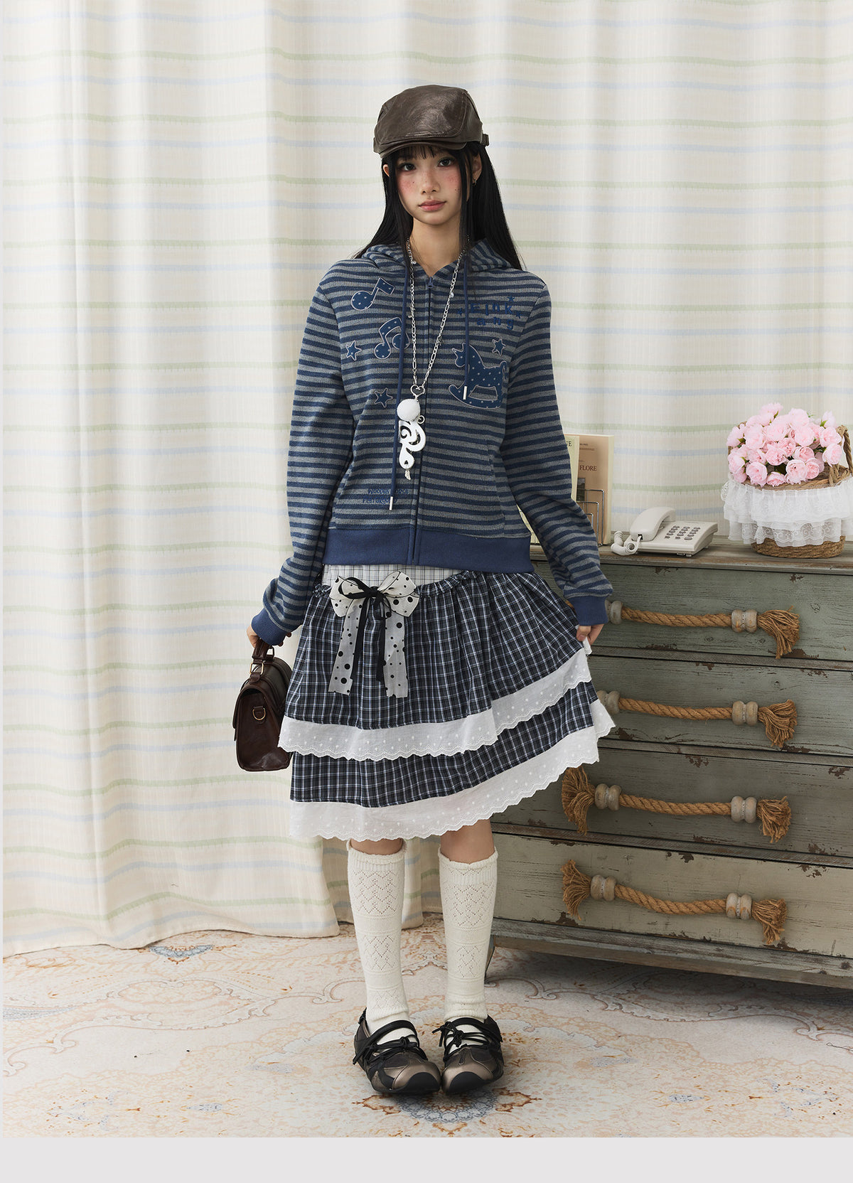 Asymmetric Plaid Lace Tiered Midi Skirt