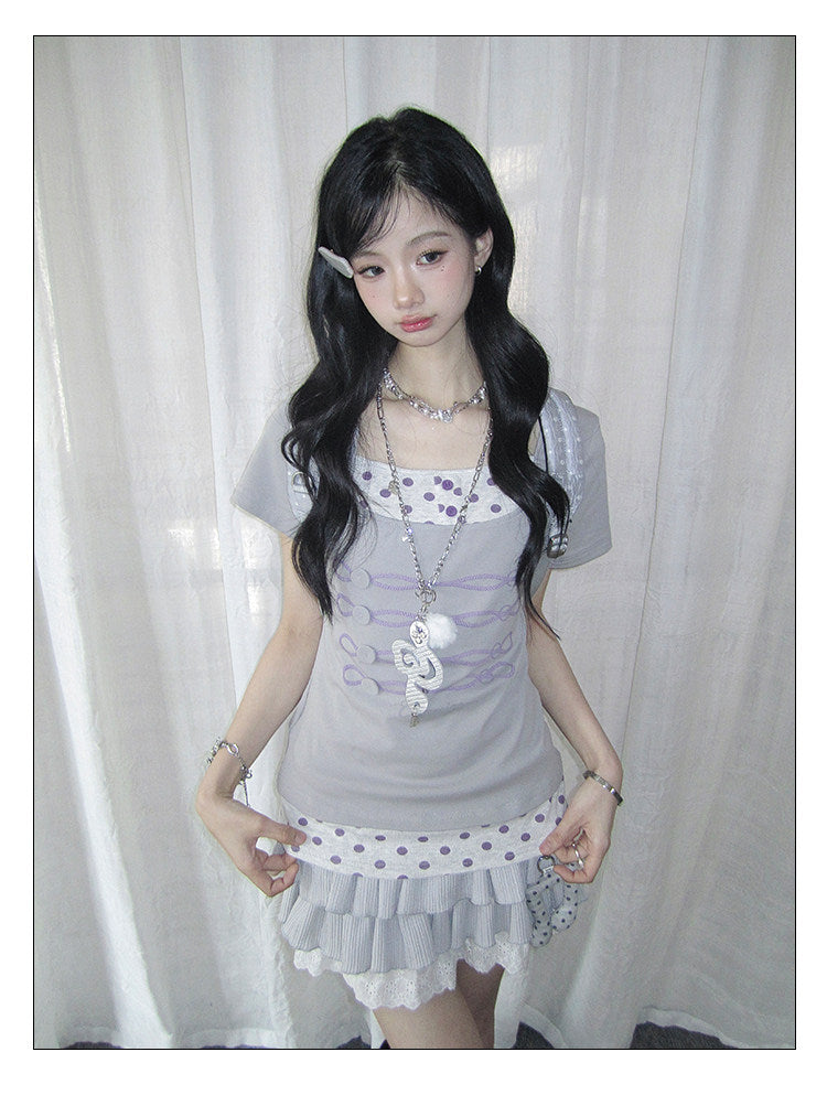 Lilac Polka Dot Faux-Layer Fitted Tee