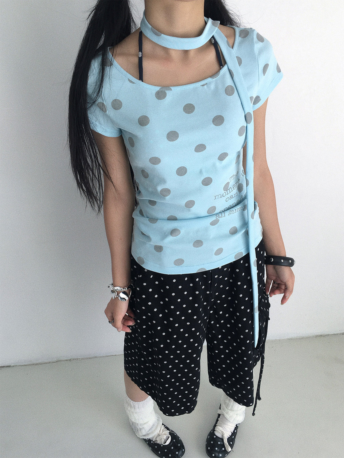 Polka Dot Scarf Short Sleeve Top