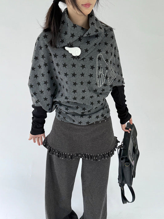 Asymmetric Star Drape Faux-Layer Long Sleeve Top